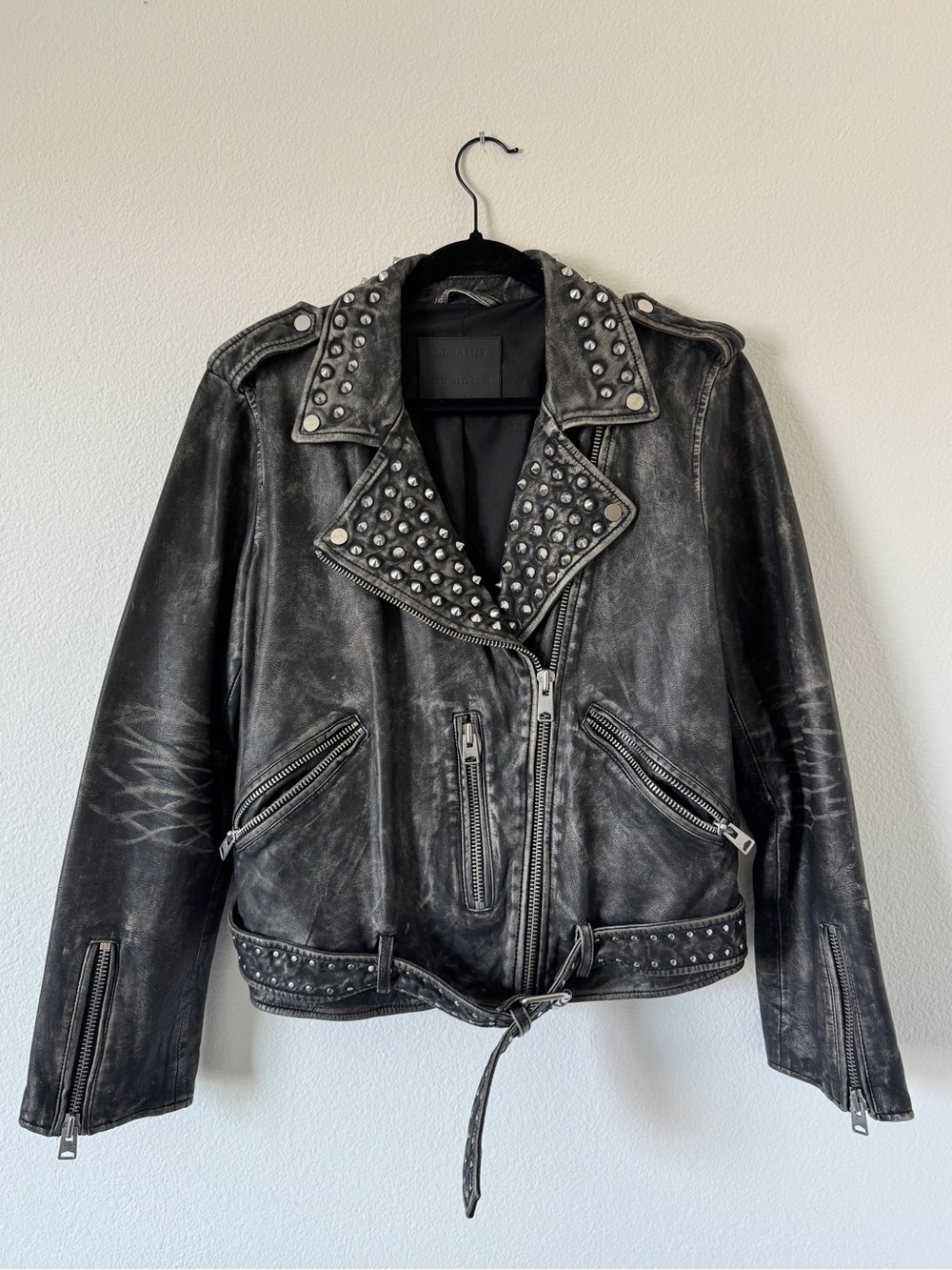 AllSaints Silver-Gray Studded Leather Jacket